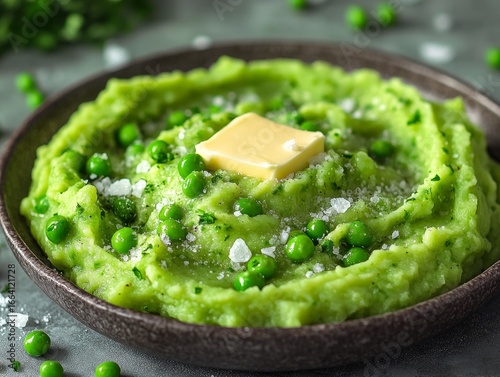 A plate of creamy mashed peas with butter and a sprinkle of salt