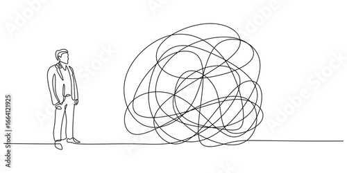 Continuous One Line Drawing of a Businessman Facing a Tangled Line