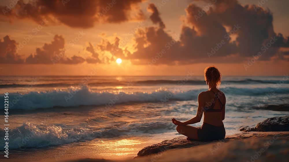 Fototapeta premium Golden Hour Serenity: Woman Meditating on Beach at Sunset