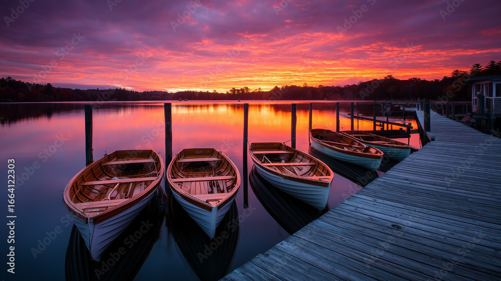 Fototapeta premium Four boats are docked at a pier
