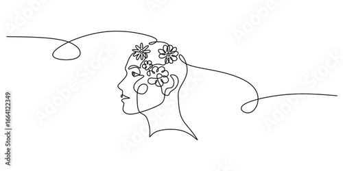 Continuous one line drawing of a human head with blooming flowers