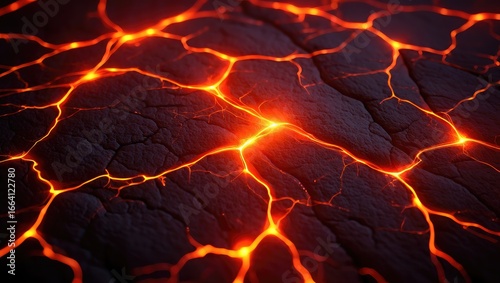 Close-up of glowing lava cracks in dark rock magma