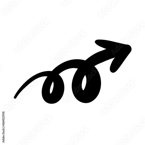 手描きのスムーズな黒いペンのくるくる矢印。螺旋。抑揚のあるダイナミックなシルエット。ベクター。背景透過。右回り。