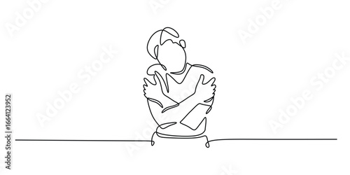 Continuous single line drawing of a man hug himself