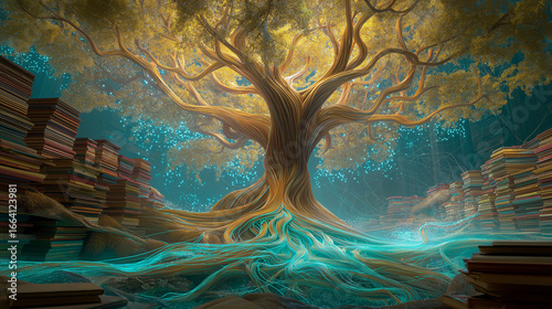 Giant tree glowing ethereal light sprawling root radiate energy.