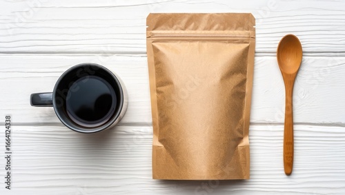 Coffee Cup Kraft Pouch and Wooden Spoon on White Wood Surface