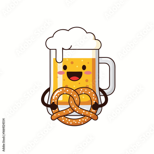 Cute beer mug with pretzel oktoberfest mascot vector illustration