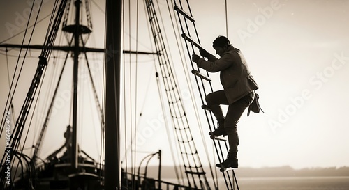 Pirate Climbing Ships Mast Silhouette.