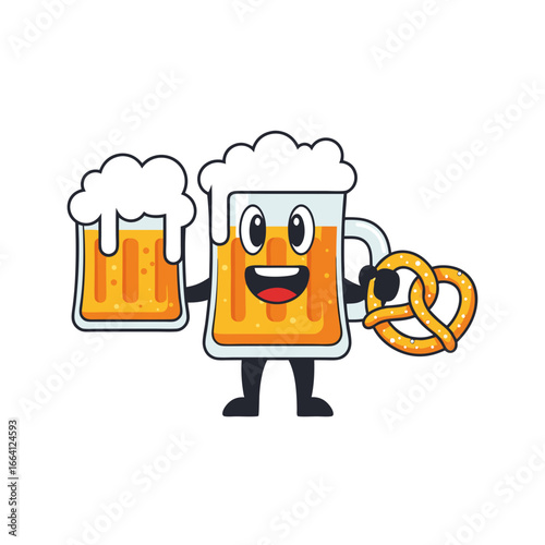 happy cartoon beer mugs and pretzel oktoberfest mascot vector illustration