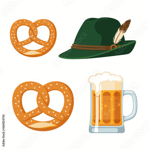 Oktoberfest set with pretzel beer mug and bavarian alpine hat vector illustration