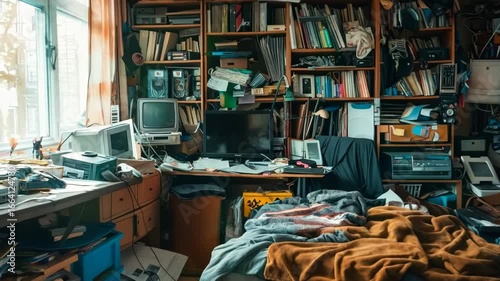 a messy room with a bed, desk, bookshelf, computer, and other clutter 4k video
