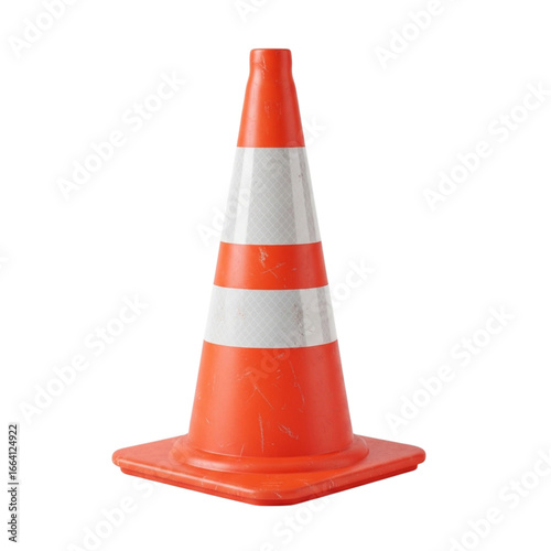 Orange traffic cone with white stripes isolated on transparent background