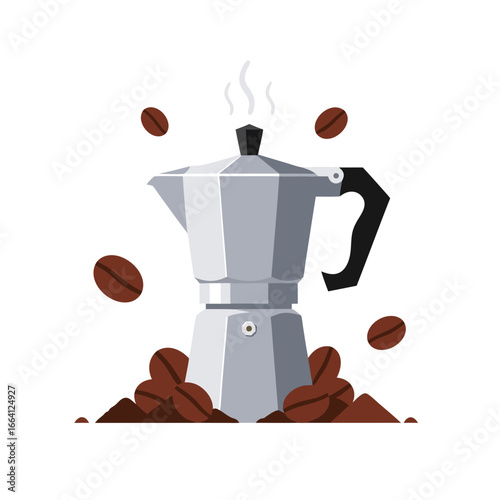 Moka pot coffee maker with roasted beans vector illustration for International Coffee Day design