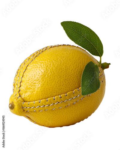Leather lemon with stitched seams concept fruit, leather lemon isolated surreal fashion twist, Isolated on transparent background. PNG die-cut for advertising.