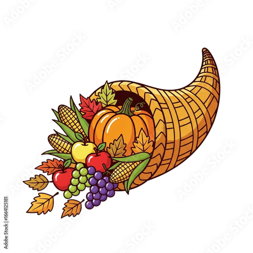 Cornucopia overflowing with autumn harvest fruits and vegetables isolated on transparent background