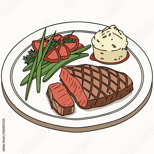 Grilled steak with vegetables and mashed potatoes on a white plate