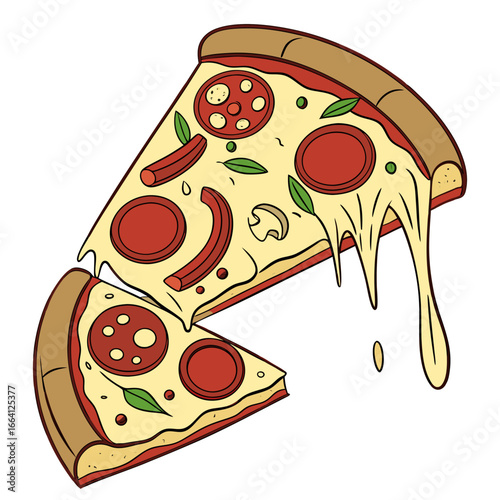 Two pizza slices with pepperoni, cheese, and mushrooms