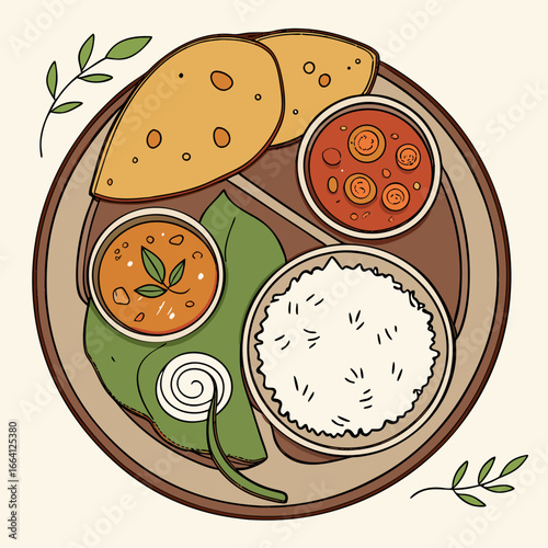 Top view of a traditional indian thali with various dishes on a plate