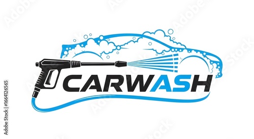 Modern car wash logo design featuring a pressure washer spraying a car outline
