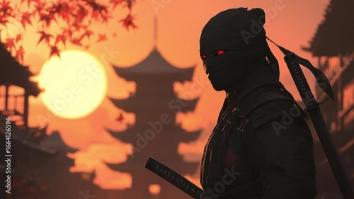 Silhouette of a Ninja at Sunset in Japan