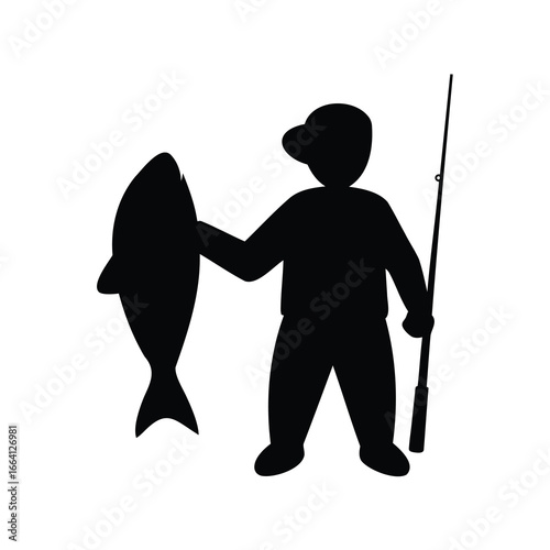 Silhouette of a fisherman holding a large fish and his fishing rod