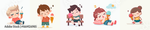 Cute Cartoon Style Sleeping Children Holding Ice Cream Illustration Collection