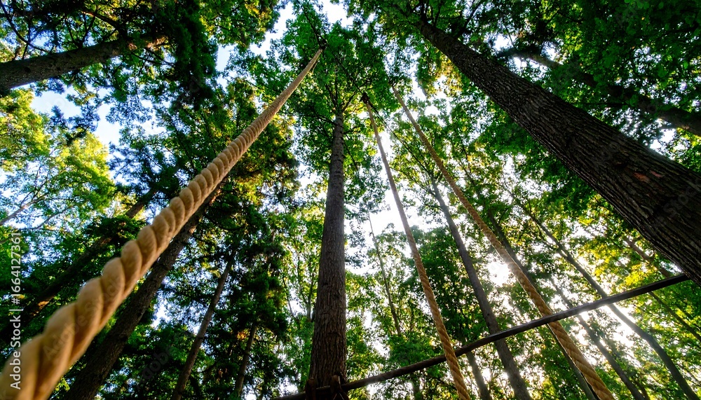 Fototapeta premium Multiple climbing ropes ascend tall trees in a dense forest canopy, reaching towards the bright sky.
