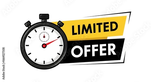 Stopwatch indicating a limited time offer with a yellow and black banner
