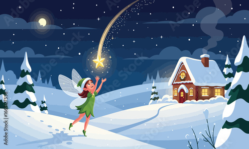 Cute fairy in winter wonderland wishing upon a Christmas star near a cozy cottage