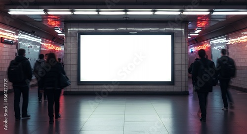 Blank advertising billboard on the wall of a busy underground train station, template mockup