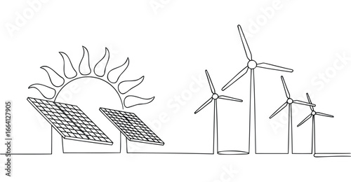 Minimalist continuous line drawing of solar panels and wind turbines with sun, symbolizing renewable energy, sustainability, and green power