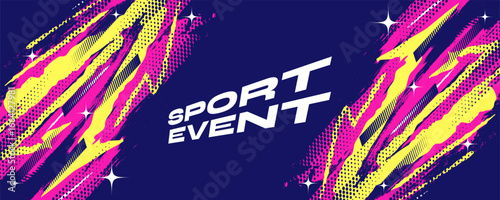 Abstract Sports Background with Yellow and Pink Brush Illustration in Halftone Style. Scratch and Texture Elements For Design