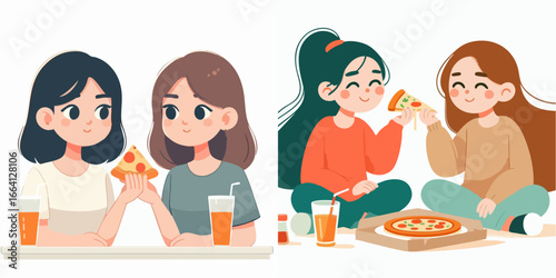 Cartoon Style Cheerful Girl Enjoying Delicious Pizza Slice Eating Together Illustration