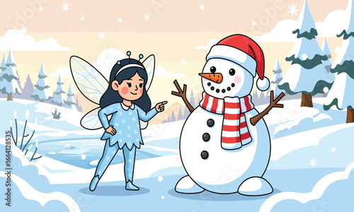 Cute Winter Christmas Fairy Making a Snowman