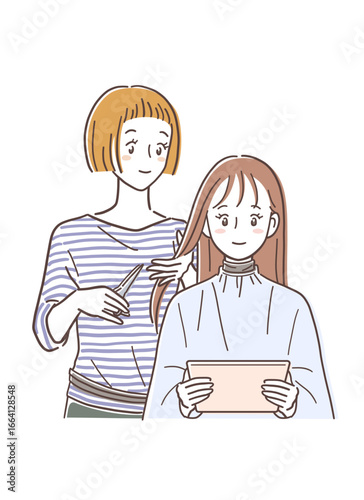 美容室で髪を切る女性とタブレットPCを見ている女性のイラスト素材