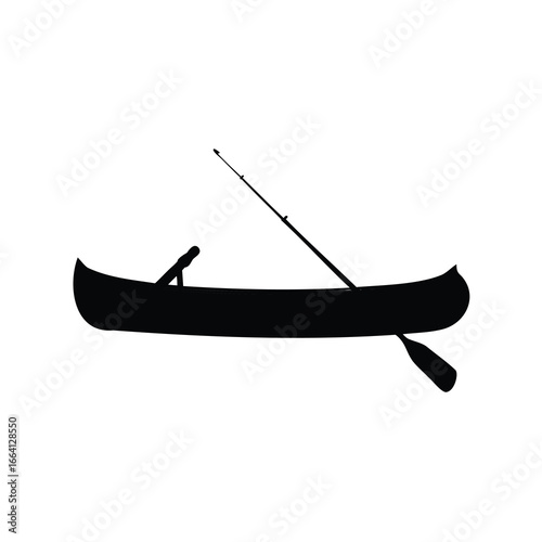 Black silhouette of a canoe with a paddle and a fishing rod