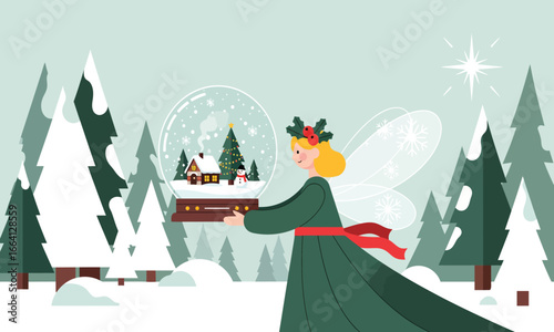 Cute winter Christmas fairy holding a snow globe with a festive scene