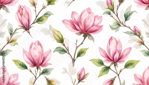 A beautiful and seamless watercolor pattern of pink magnolia flowers on a white background, perfect for textiles or wallpaper.