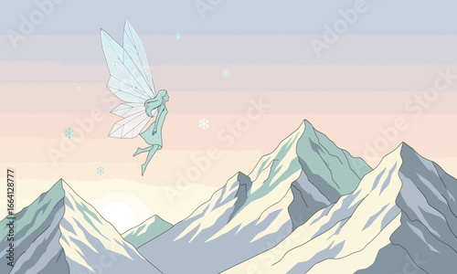 Cute christmas fairy spreading magic across a beautiful winter mountain wonderland