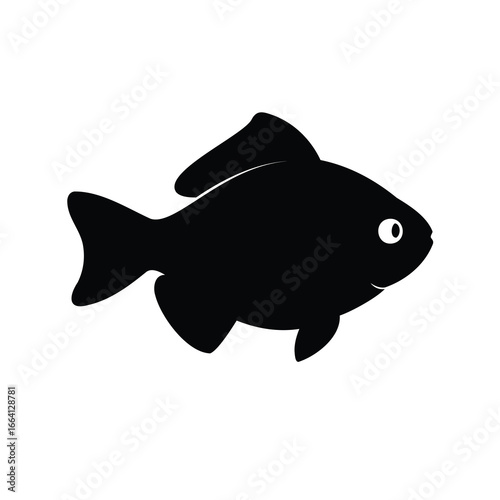 A simple black silhouette of a fish with a cute expression