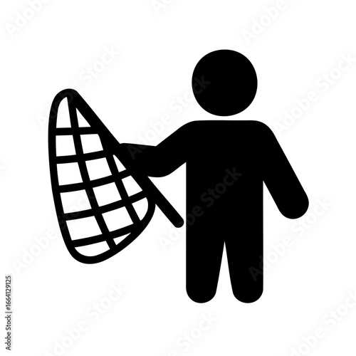 Silhouette of a person with a net, indicating fishing or capturing activity