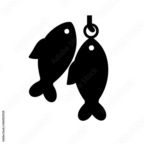 Two stylized black fish hanging from a simple circular loop fastener