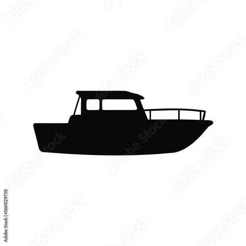 Silhouette of a small cabin cruiser boat gliding on the water surface