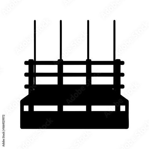 A black silhouette illustration of a construction scaffold platform with support beams