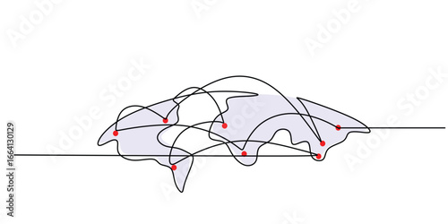 Minimalist Doodle of Global Travel with Airplane Route on Earth Map. Continuous one line drawing.