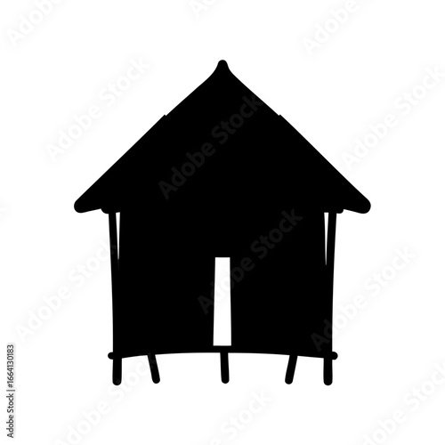 Silhouette of a Simple Elevated Hut, Black and White Isolated Illustration