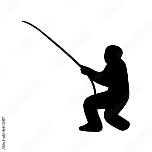 Silhouette of a Fisherman Angling with Rod in a Challenging Stance