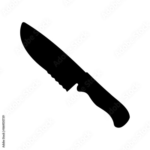 Silhouette of a serrated hunting knife with a curved blade and handle