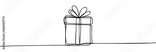 Minimalist continuous line drawing of gift box with ribbon, symbolizing celebration, surprise, generosity, holiday