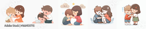 Cartoon Illustration of Children Comforting Each Other with Affection and Care